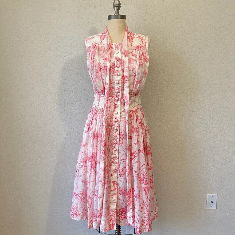 CAROLINA HERRERA Midi Dress Pink White Toile De Jouy AOP Silk Cotton